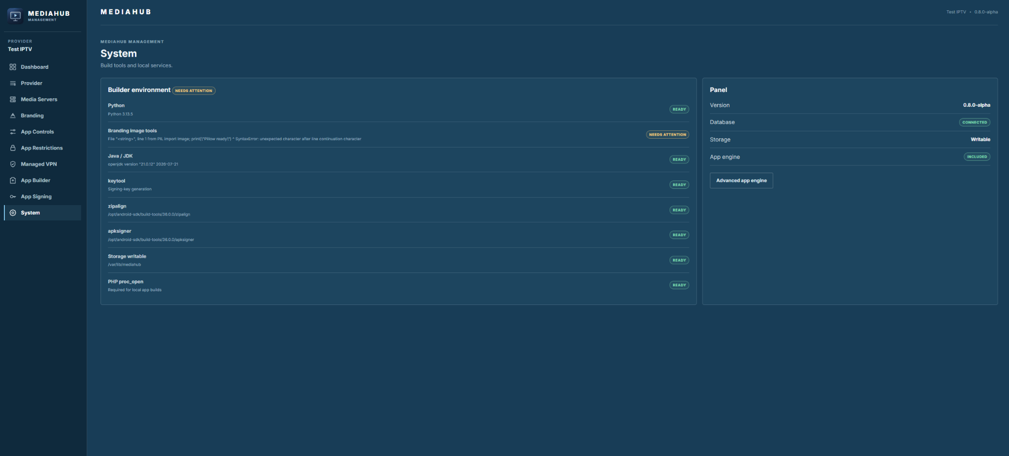MediaHub Management system screen